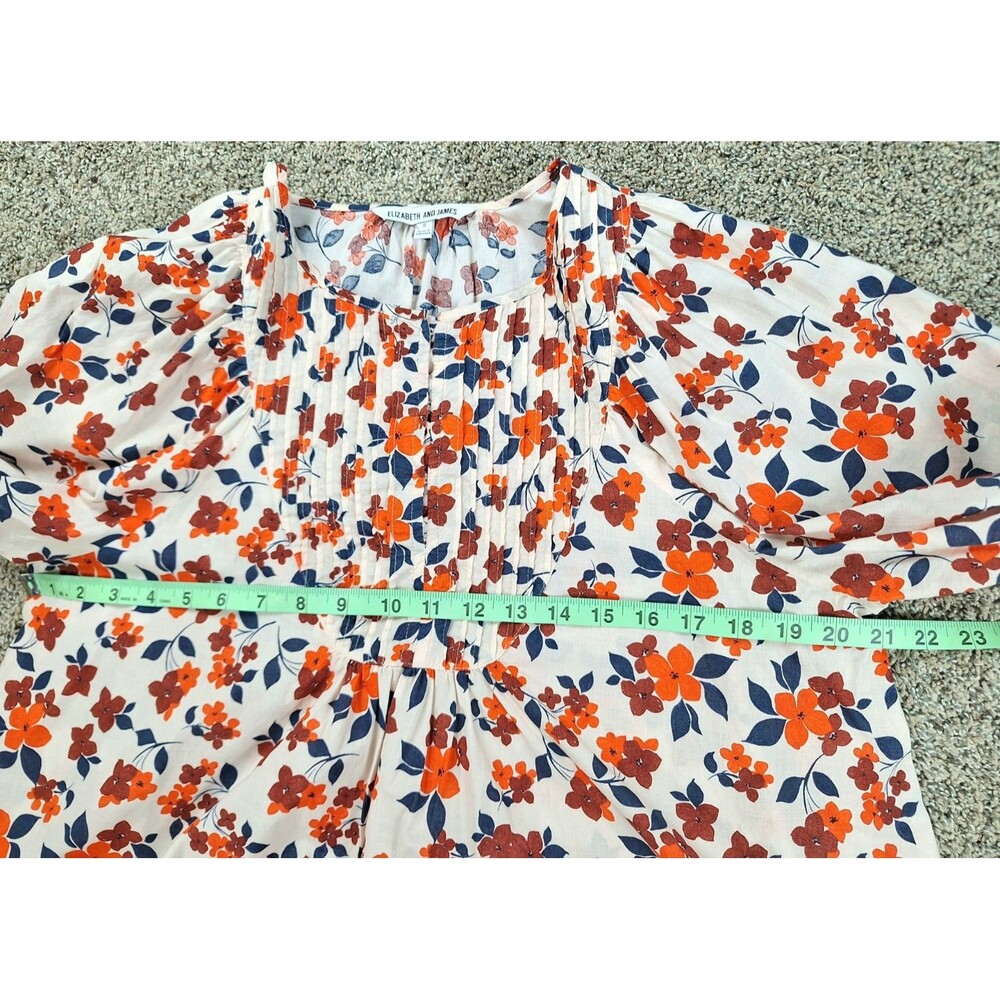 Elizabeth and James Floral Pintuck Cotton Blouse Orange Navy Cream Small - Picture 6 of 8